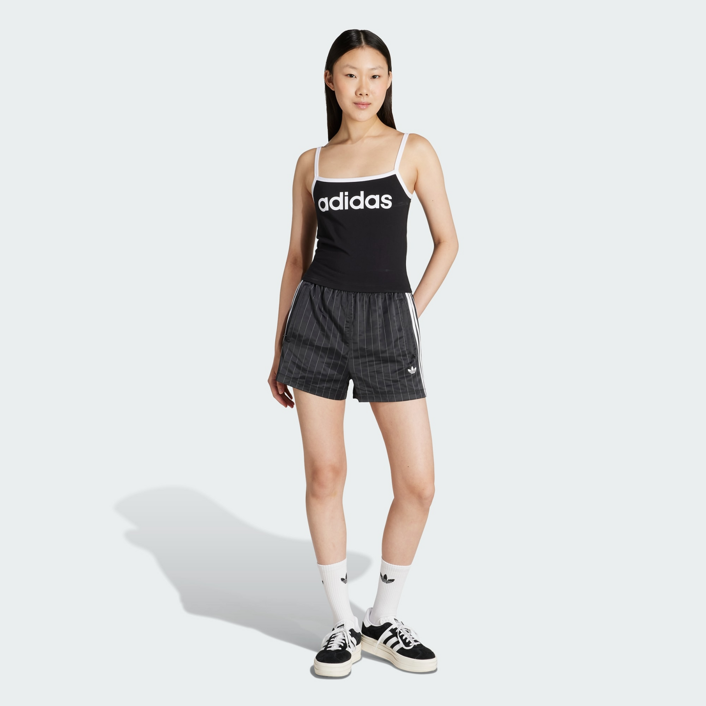 adidas Originals Pinstripe Satin Shorts | Black | Women | Wellstow |